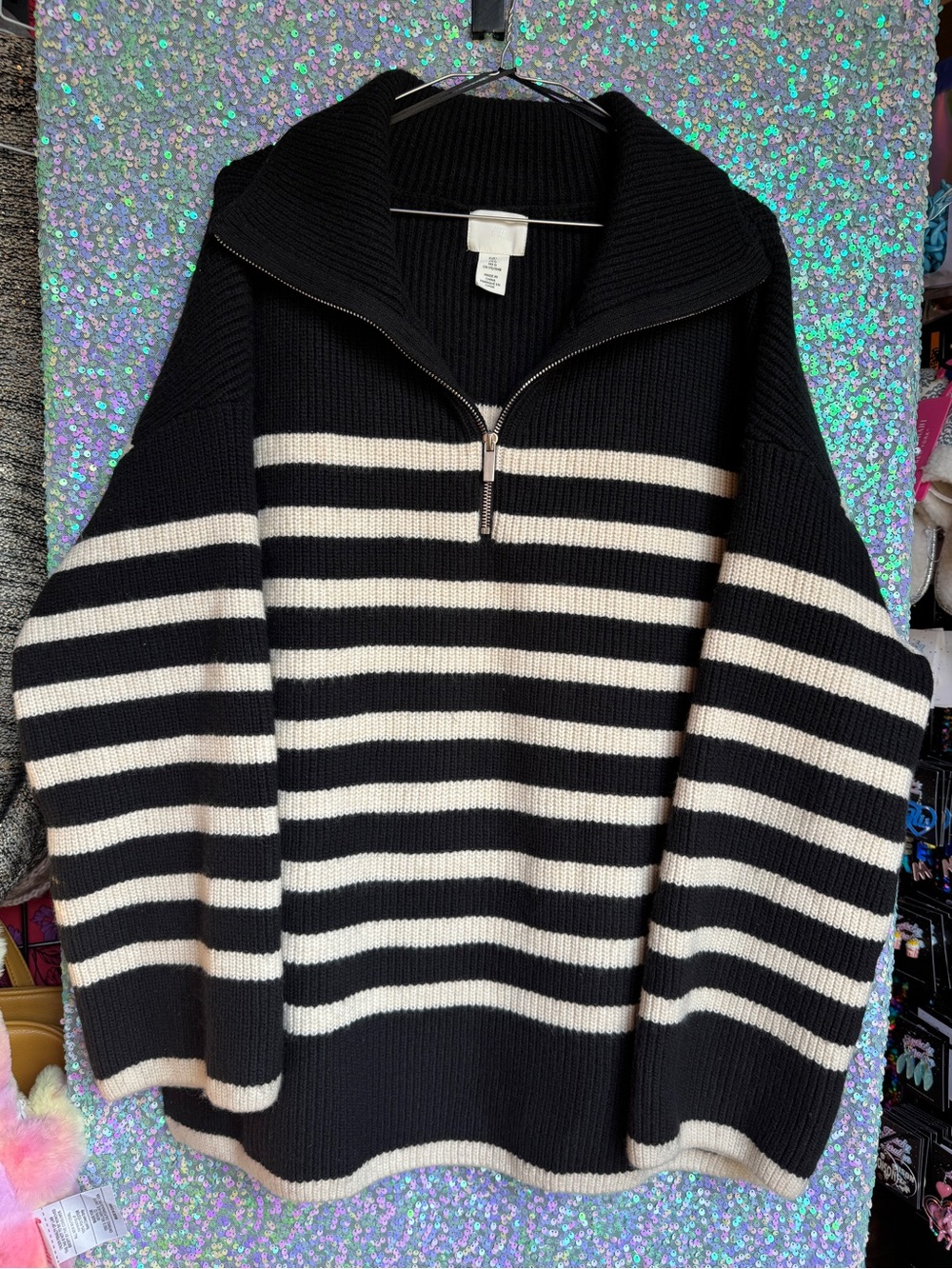 H&M Black and Cream Striped Half-Zip Oversized Sweater